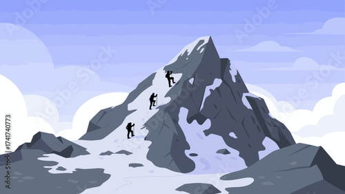 Silhouettes of Climbers Ascending a Snow- Covered Mountain Peak climbing hiking