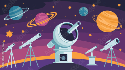 Space Observation With Telescopes And Planets In A Starry Sky Keywords: space, astronomy, telescope, planet, stars, galaxy, cosmos, universe, observation, science, exploration, celestial, night