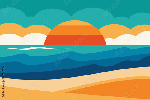 Stylized sunset over ocean waves and sandy beach
