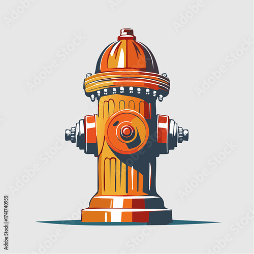 A vibrant, stylized, cartoon fire hydrant in bright orange hues with metallic sheen, standing alone on a plain background, depicted in a playful, exaggerated artistic style.