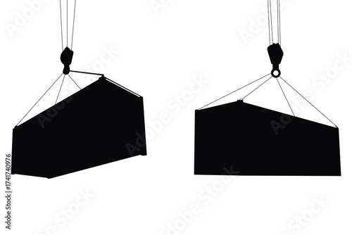 Black silhouette of shipping containers being lifted by crane hooks, perfect for logistics, shipping, transport and industrial design use.
