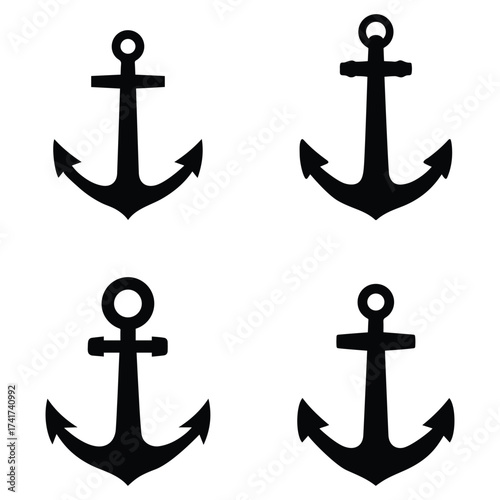 Black anchor silhouette icons, simple nautical vector symbols for marine, sailing, navy and sea themed designs.