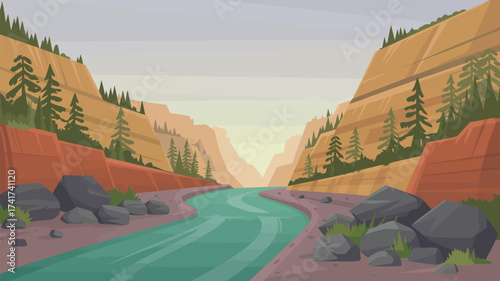 Stylized cartoon canyon with winding river and pine trees valley gorge
