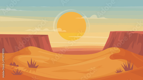 Stylized Desert Landscape with Sand Dunes and Canyon Walls at Sunset canyons