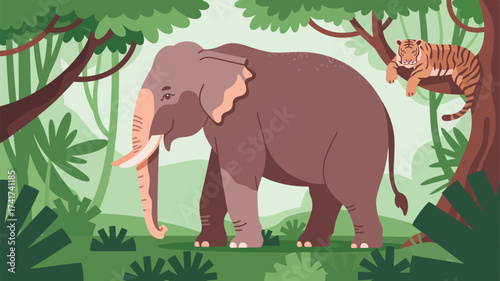 Stylized illustration of a large elephant walking through a jungle with a tiger sleeping on a tree branch above