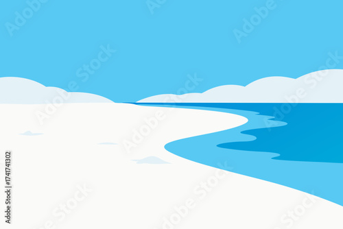 Minimalist illustration of a white sandy beach meeting blue ocean water under a clear sky with clouds