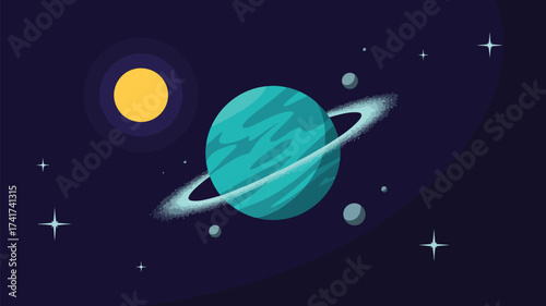 Stylized Ringed Planet In Space With Sun And Moons vector illustration