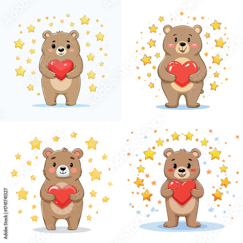 Charming illustration set of a teddy bear character holding a love heart amid sparkling stars