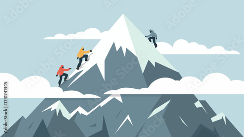 Three Climbers Ascending a Snow- Capped Mountain with Clouds mountain climbing mountaineering