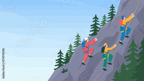 Three climbers ascending a rocky mountain face with ropes and backpacks Keywords: rock climbing, climbers, mountain, cliff, ascent, adventure, sport, recreation, outdoor, nature, challenge