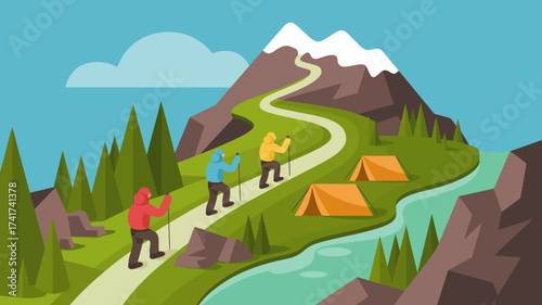Three hikers with backpacks and trekking poles ascend a winding mountain path past tents and pine trees