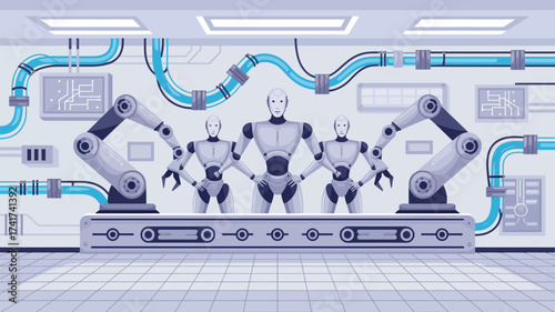 Three Humanoid Robots Standing on a Conveyor Belt in a High- Tech Facility factory technology