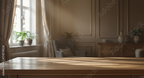 Wooden Table with Natural Light in a Room, Background for Product Placement
