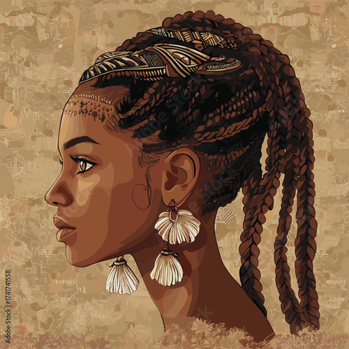 Ethiopian tribal woman with tattooed forehead, ornate hair braids, and shell earrings vector illustration