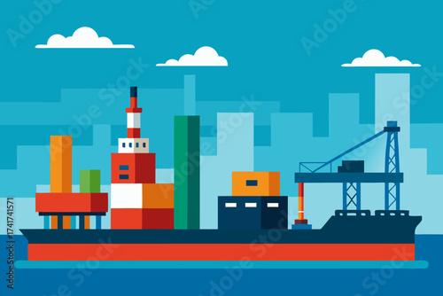 Modern cargo ship docked at industrial port with cranes and containers