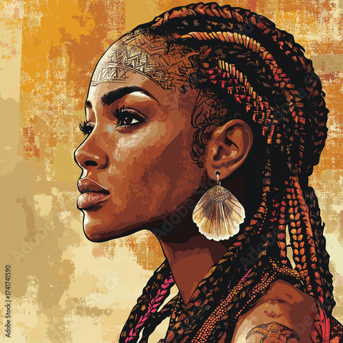 Ethiopian tribal woman with tattooed forehead, ornate hair braids, and shell earrings vector illustration