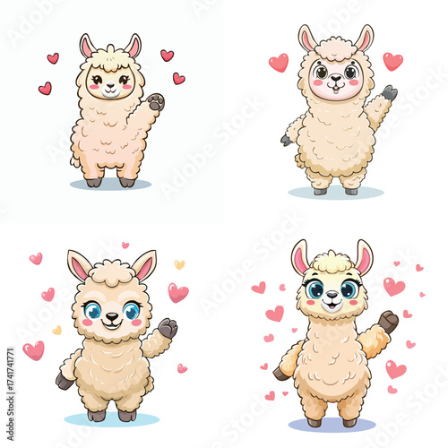 Four Adorable Cartoon Llamas Waving with Hearts Around Them.