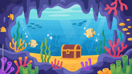Underwater Scene with Treasure Chest, Fish, and Coral Reef in a Cave ocean