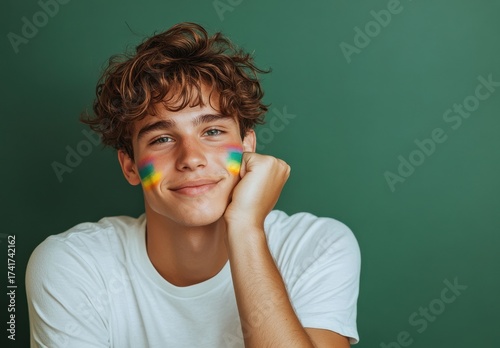 Young man with a rainbow colored face smiling brightly as he embraces his unique artistic expression of joy