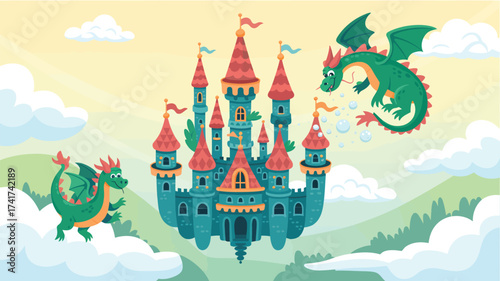 Whimsical cartoon castle with two friendly dragons flying in a cloudy sky fantasy fairy tale