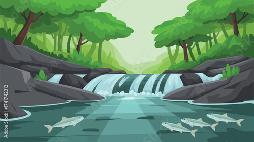 Wide Forest Waterfall with Silver Fish in a Turquoise River stream