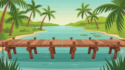 Wide Wooden Pier Overlooking a Tropical River with Lily Pads Keywords: wooden, pier, dock, jetty, tropical, river, water, lake, ocean, sea, beach, palm trees, coconuts, sky, clouds, horizon