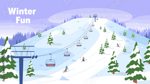 Winter Ski Resort Scene With Skiers and Chairlifts Under a Snowy Sky skiing mountain