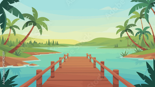 Wooden Pier Extending into a Serene Tropical Lake with Palm Trees dock water