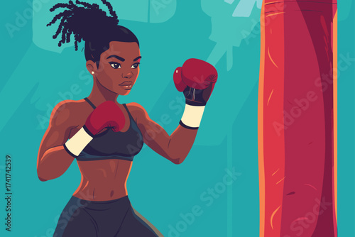 African woman boxing in gym, wearing gloves and sports bra, punching a red heavy bag vector illustration