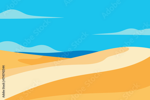 Stylized desert landscape with sand dunes and blue sky