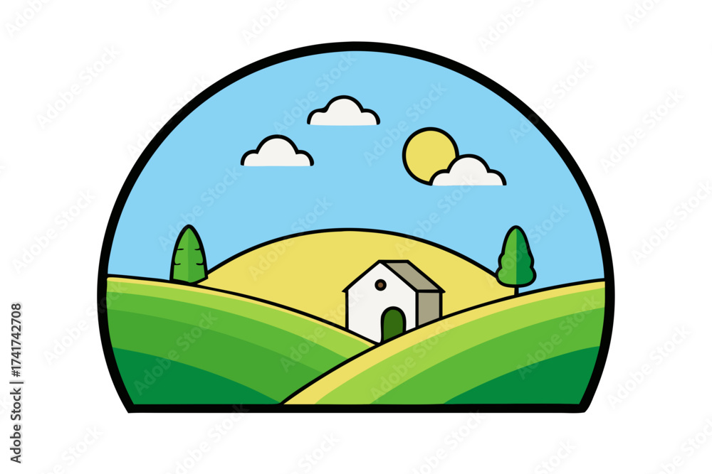 Fototapeta premium Stylized landscape with a house on rolling hills under a sunny sky