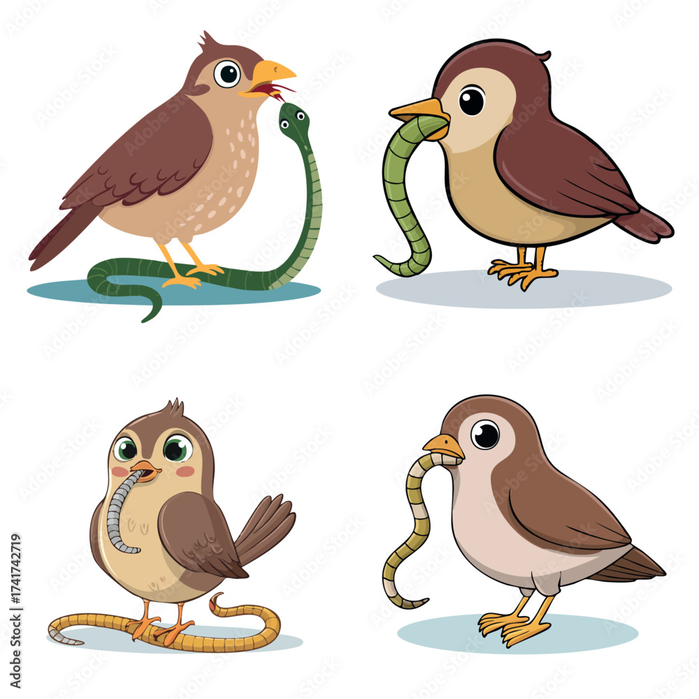 Fototapeta premium Set of four cute cartoon birds eating snakes and worms.