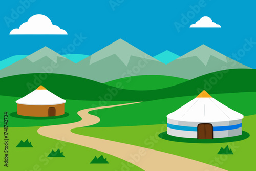 Flat design illustration of yurts in a green landscape with mountains and clouds