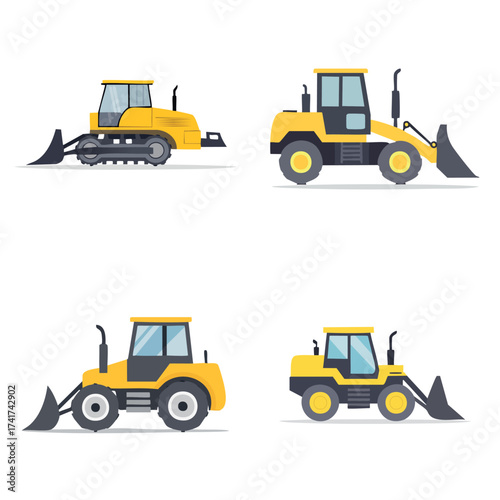 Set of four yellow construction vehicles with blades and wheels.