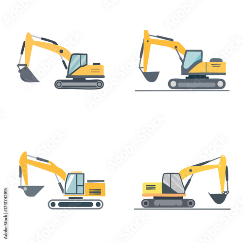 Set of Four Yellow Excavators in Different Poses and Angles.