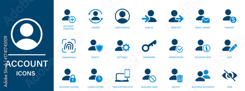 Account Icon Set. Includes isolated vector icons for account setup, login, security, users, ui design,...