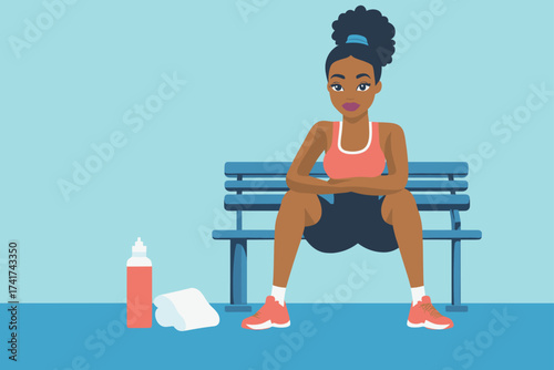 African woman cooling down with towel after intense workout, sports bottle and gym bench beside her vector illustration