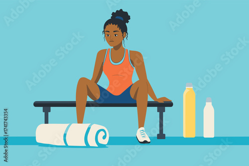 African woman cooling down with towel after intense workout, sports bottle and gym bench beside her vector illustration