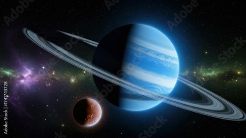 luminous blue ringed giant half-lit with swirling clouds commands deep space Its broad rings encircle it A smaller reddish cratered moon floats below Purple and green nebulae and stars dot the cosmos