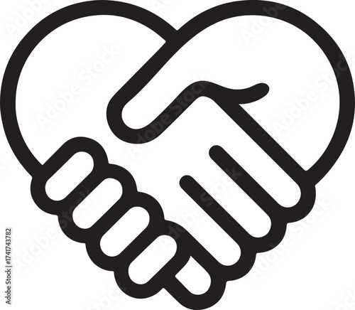 Minimalist black and white handshake icon forming the shape of a heart, symbolizing unity, trust, partnership, and mutual support.