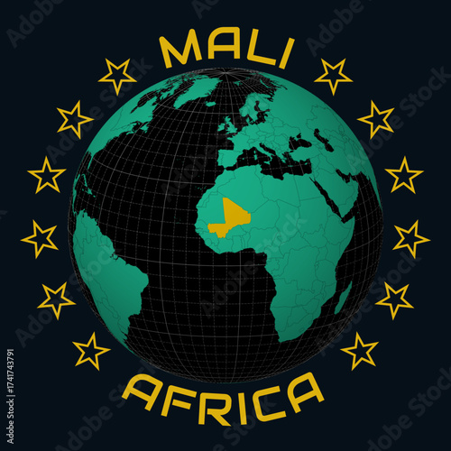 Mali on Globe. Round country and continent name text. Country view on world map in Black Emerald color palette. Mali shape on map. Stylish vector illustration.