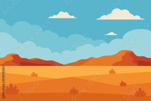Vibrant desert landscape with rolling hills and fluffy clouds