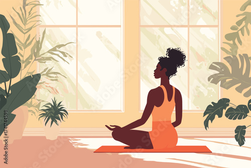 African woman doing morning yoga on a mat vector illustration