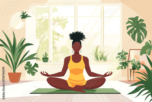 African woman doing morning yoga on a mat vector illustration