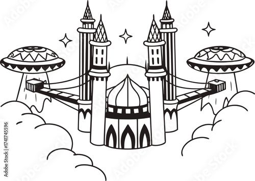 Fantasy City Business Towers Floating Line Illustration