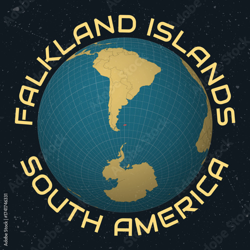 Falkland Islands on Globe. Country name round text. Vintage look with grunge scratched texture. Country view on world map in Sky Blue Light Yellow color palette. Falkland Islands shape on map.