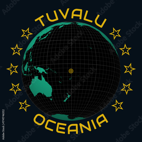 Tuvalu on Globe. Round country and continent name text. Country view on world map in Black Emerald color palette. Tuvalu shape on map. Modern vector illustration.