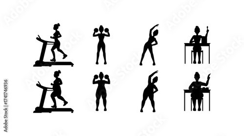 Silhouette icon set of fat and slim people in workout context showing body transformation, gym lifestyle, weight loss and fitness training visuals