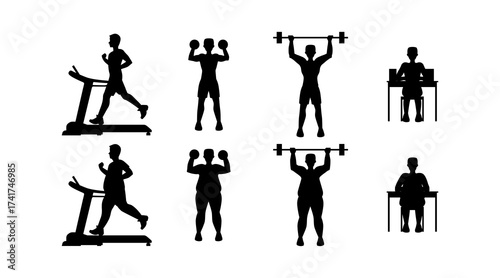 Silhouetted fitness transformation concept showing before and after figures of fat and slim people for exercise, weight loss, wellness, and health design use