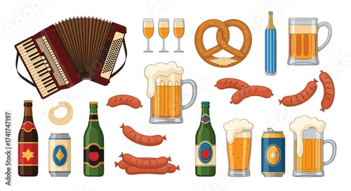 Collection of pixel art icons representing beer food and musical instruments.